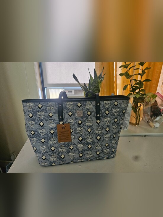 MCM Handbags - MCM Denim Blue Monogram Tote with Black Trim